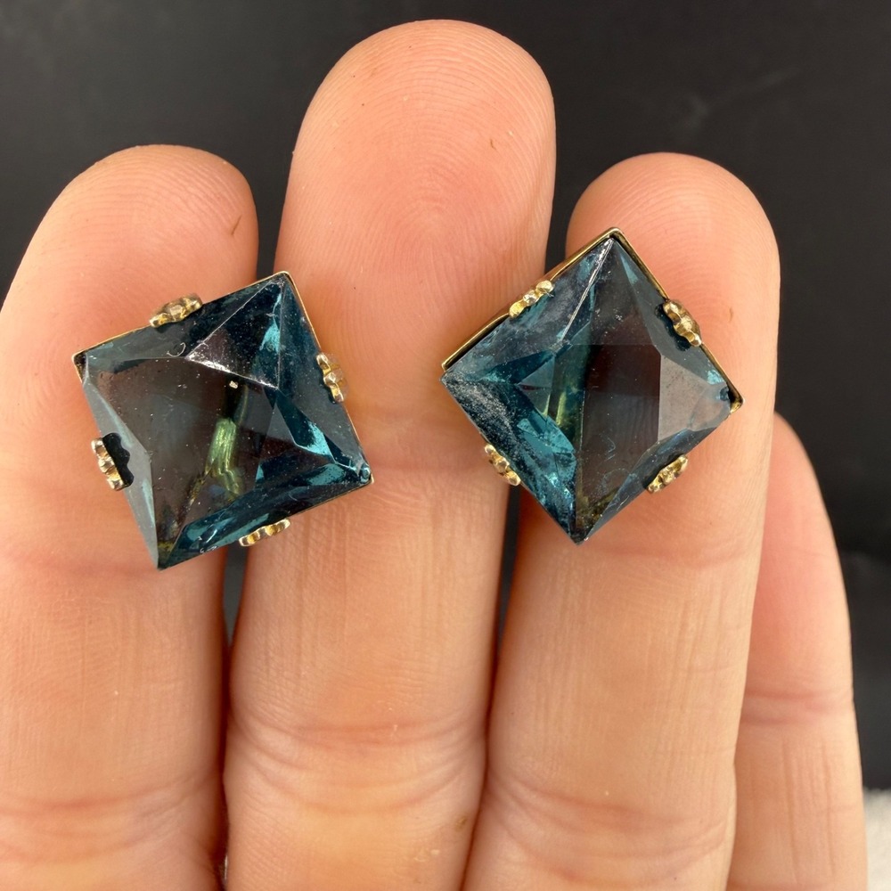 Vintage Sterling Silver Screw Back Earrings Blue Square Rhinestone
